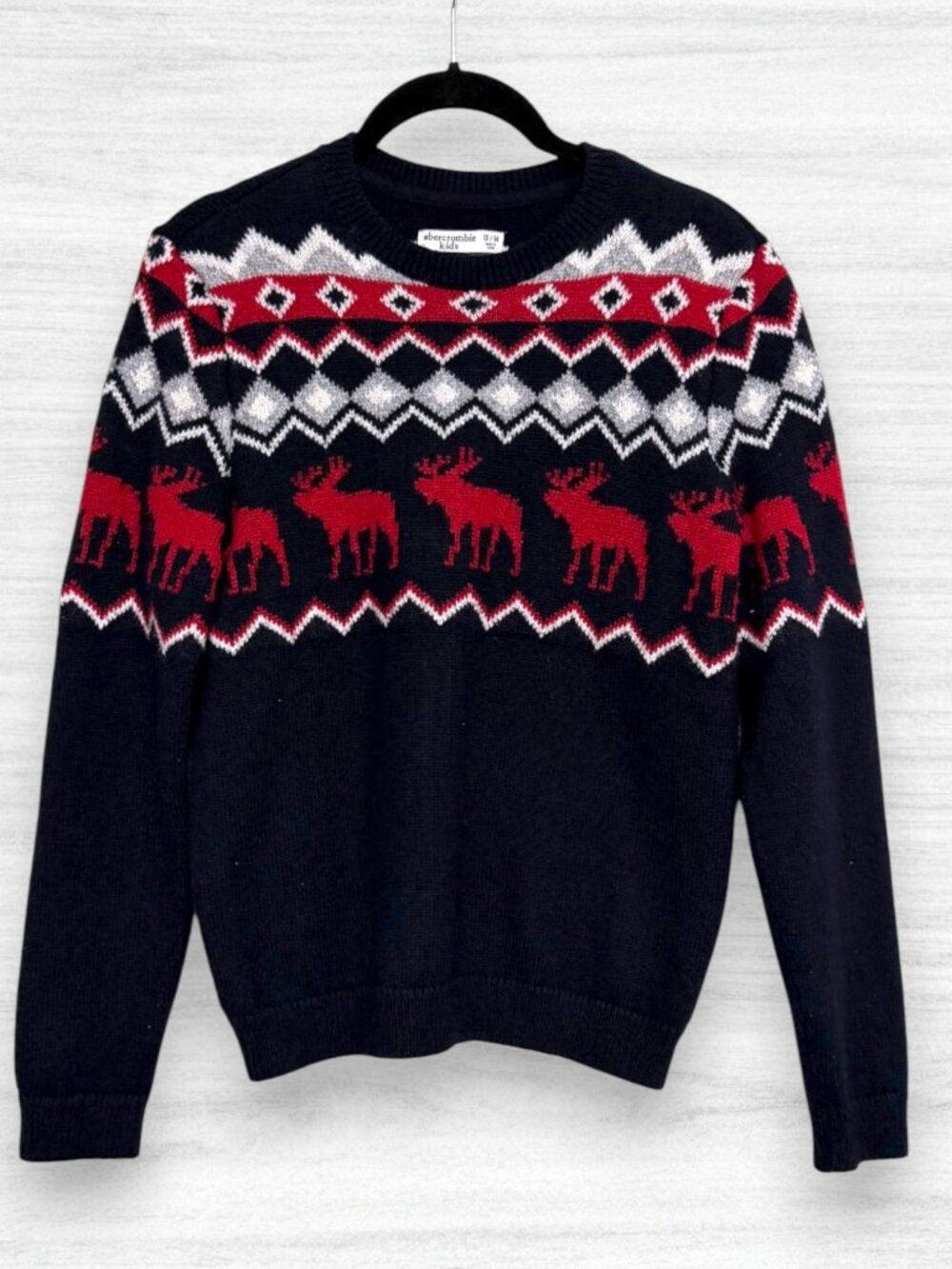 Abercrombie Kids Boys 13/14 Navy Red Moose Fair Isle Holiday Christmas Sweater